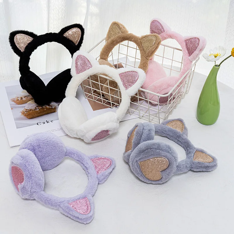 Plush Winter Warm Ear Earmuffs Glitter Cat Ear Warmers Heart Fur Hang Ear Cover for Women Girl Earflap Cold Protection Ear Muffs