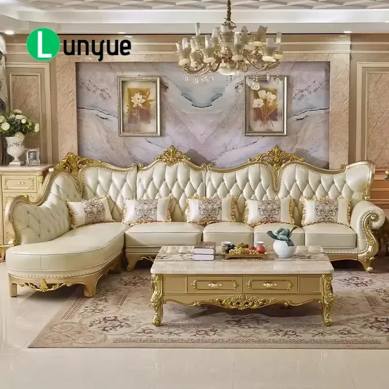 European Style 1+2+3 Seater Leather Sofa Set High End Full Grain Leather with Gold Accents Double Sided Carved Straight