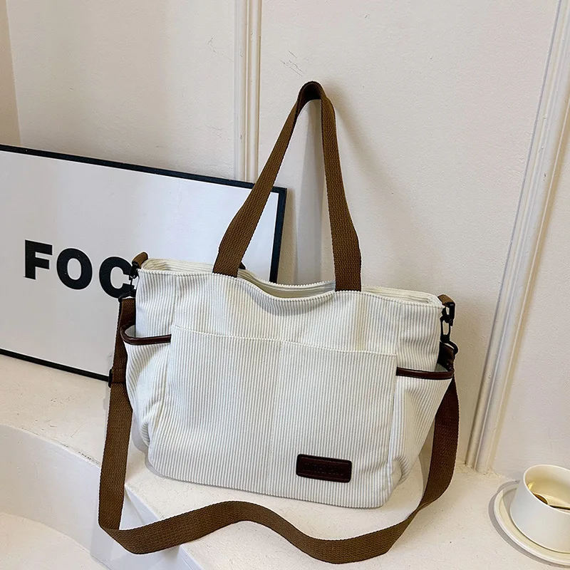 Large-capacity tote bag contrasting color multi-pocket women's bag multi-functional velvet simple shoulder bag