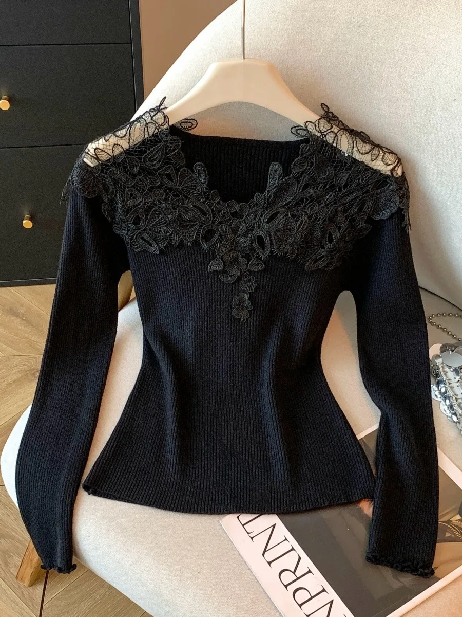 Frauen Spitze V-Ne Gestrickte Basis irt Herbst Winter Pelz Innen Tragen Pullover Weiche Nylon Stoff Lange Sve Ci Spaziergang geeignet