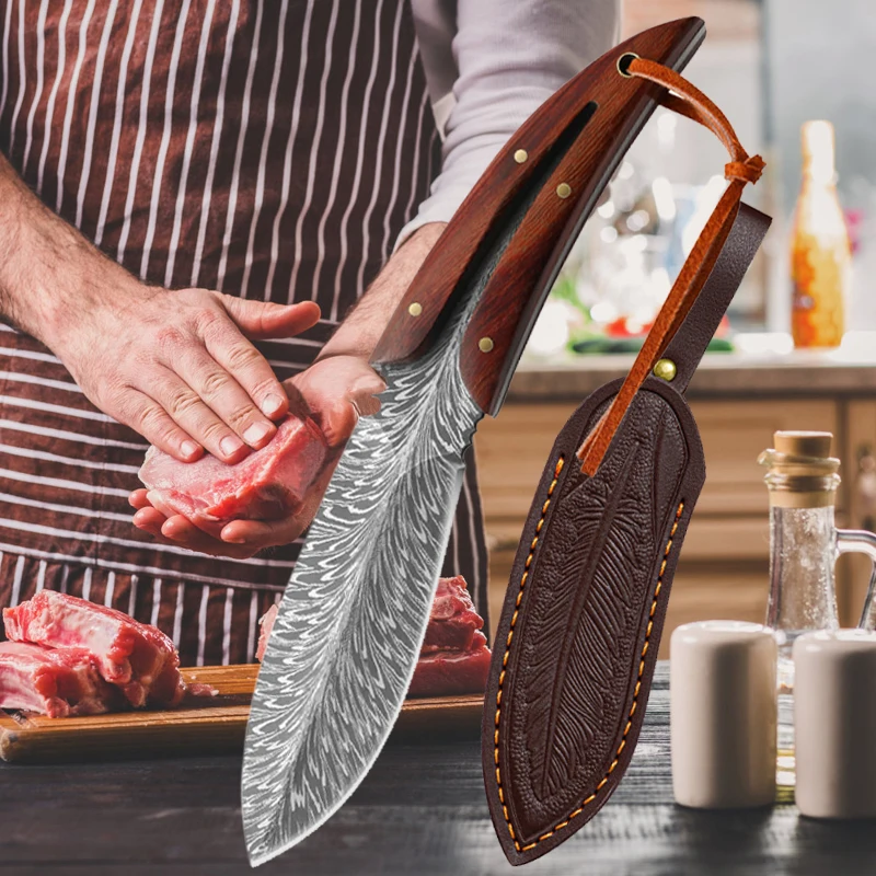 Stainless Steel Boning Knife Feather Pattern Kitchen Pocket Knife Fruit Meat Cleaver Butcher Sharp Forged Knives with Sheath