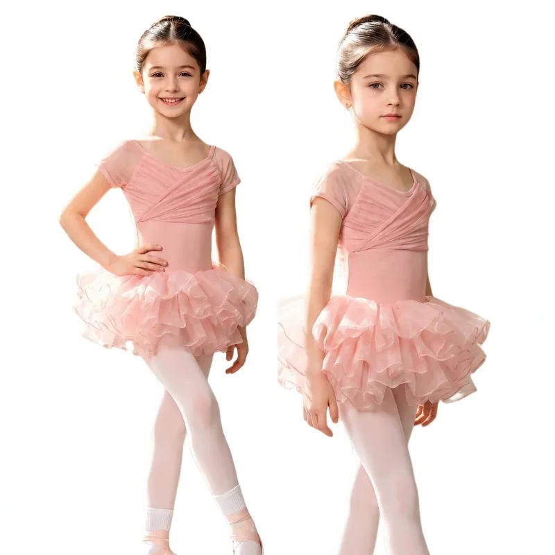 Girls' Short-sleeve Ballet Leotard, Mesh Splice Dance Dress, Professional Training & Performance Costume for Kids Dance Studio