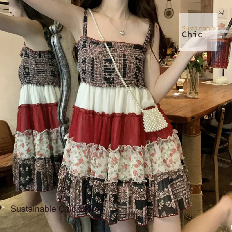 

French retro sweet floral chiffon suspender dress female summer new fashion temperament beach seaside holiday style skirt