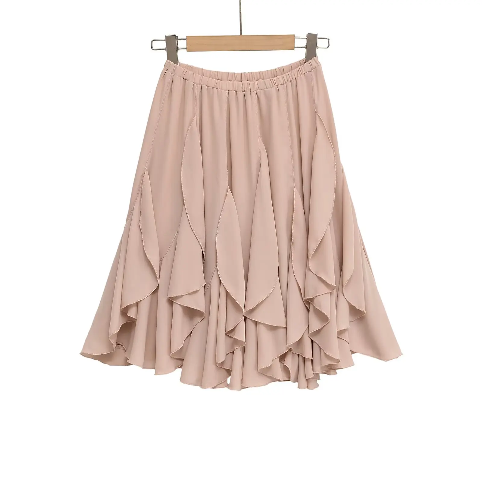 2026 Chic Women's Casual High Quality Knee-length Pink Layered Skirts Ladies Elegant A-line Tierred Ruffles Elastic Midi Skirt