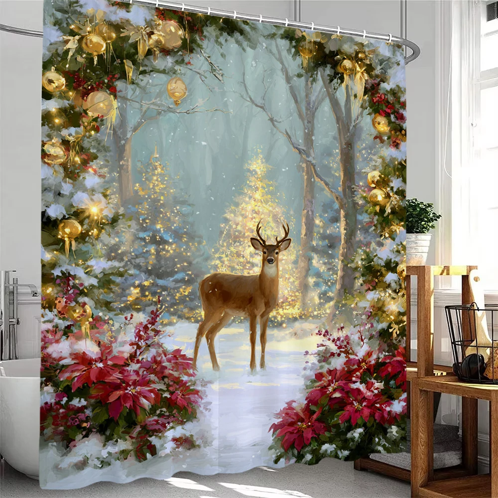 

Merry Christmas Shower Curtain, Bathroom Decorative Christmas reindeer Shower Curtain, Waterproof Shower Curtain with Hooks