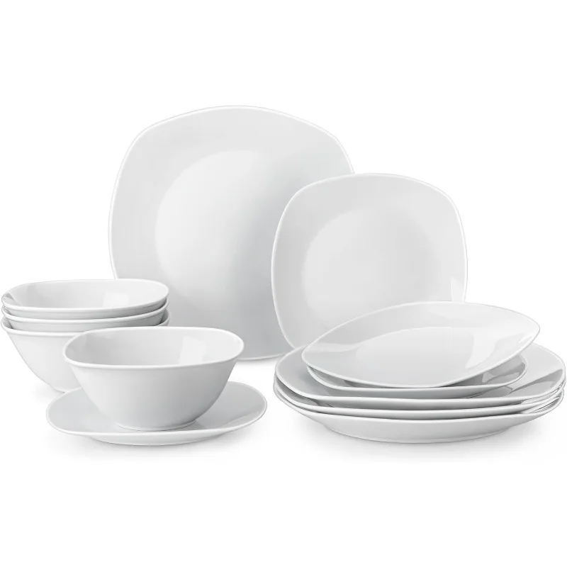 

Plates and Bowls Set, 12 Pieces Porcelain Dinnerware Sets, Gray White Dishes Set for 4, Chip and Scratch Resistant Square