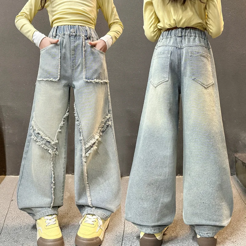 

Children Y2K Loose Straight Jeans with Raw Hem for Girls High Waist Distressed Washed Denim Pants Kids Gothic Hiphop Trousers