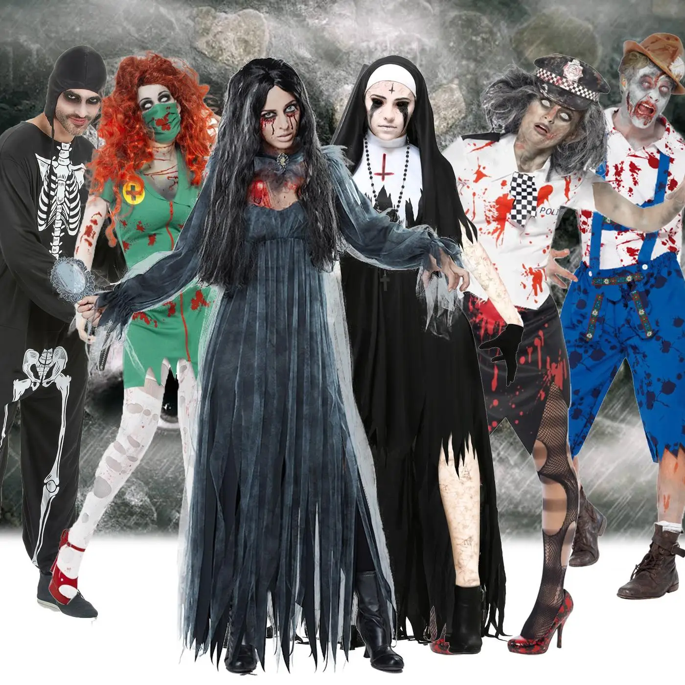

Halloween Bloodthirsty Nun Costume Women's Style Bride Zombie Nurse Uniform Loser Outfit Scary Horror Polyester Dress