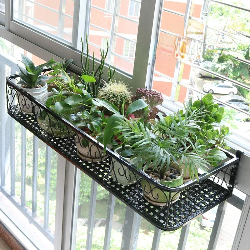 Window Sill Storage Flower Rack Balcony Hanging Plant Shelf Wrought Iron Railing Flower Pot Stand Railing Flower Pot Stand