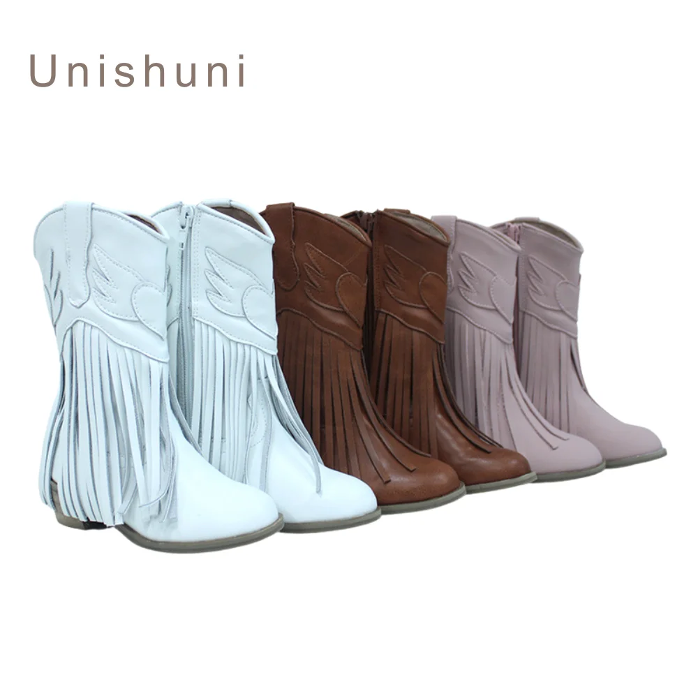 Unishuni-Botas occidentales con borlas para niña, Botines de tacón alto hasta la rodilla, color marrón, rosa y blanco, con cremallera