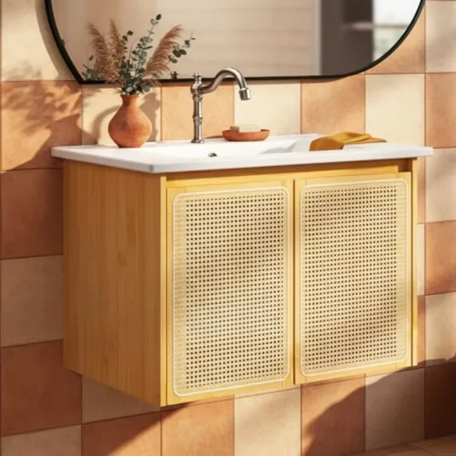Floating bathroom vanity with sink for modern bathroom, MDF wood in matte white, soft-closing louvered doors and large drawer,