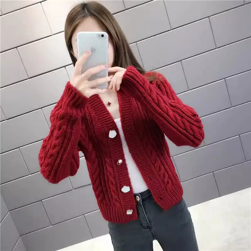 Elegant Influencer Knitted Sweater Tops 2024 New Autumn Women Short Knitwear Cardigans Single Breasted Coarse Wool Fairy Jumpers