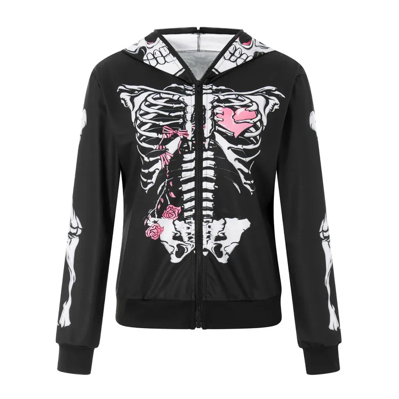 

Women Goth Skeleton Print Coat Hoodies Spring Autumn 90s Vintage Clothes Long Sleeve Zip Up Hoodie Female Clothing Streetwear