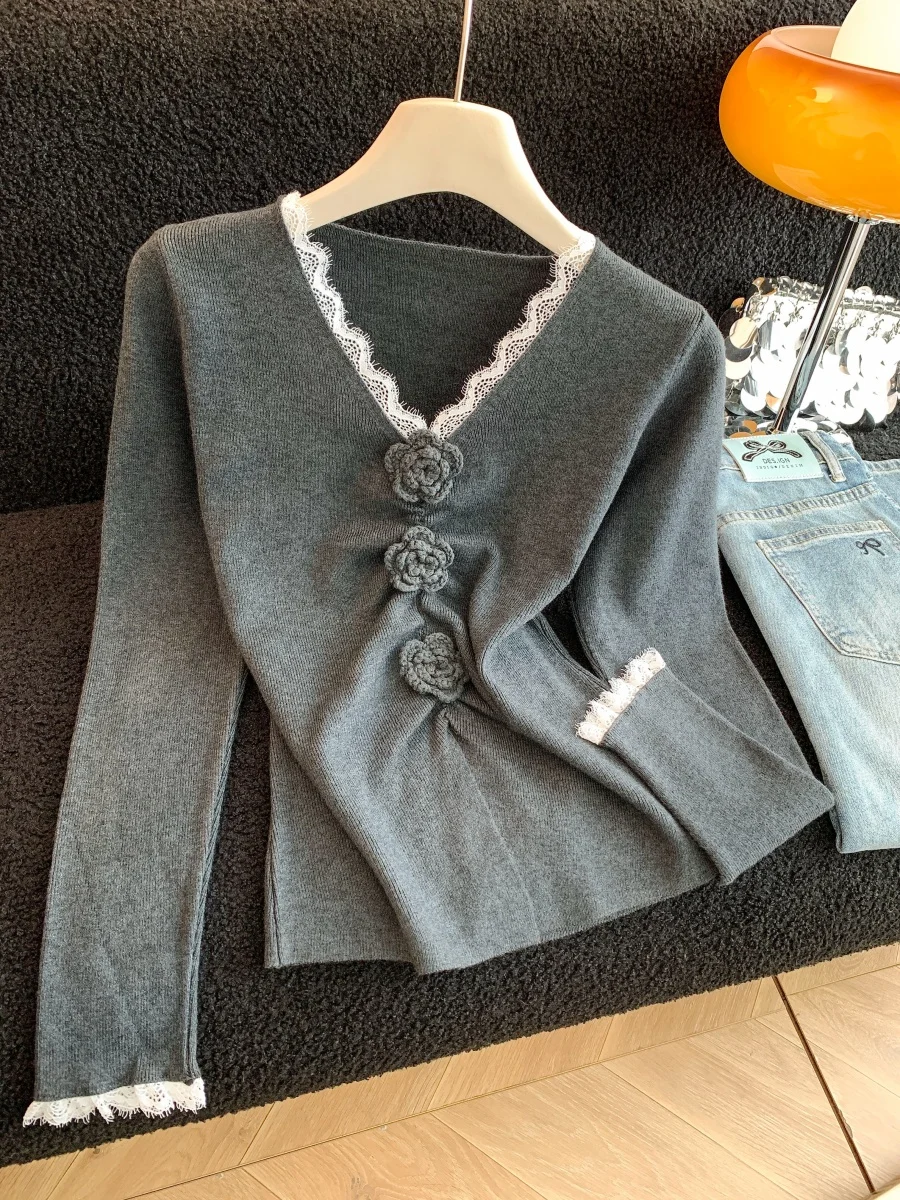 

Французский мягкий кружевной вязаный свитер с длинным рукавом и V-образным вырезом для женщин, базовый топ на осень-зиму, модный дизайн, базовая кофта