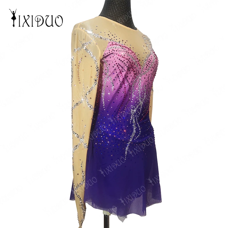 فستان للتزلج على الجليد بأكمام طويلة للبنات ، حجر الراين اللامع ، شبكة يوتار ، ملابس الرقص للرقص الغنائي ، الجمباز الباليه ، 6-16 سنة #5