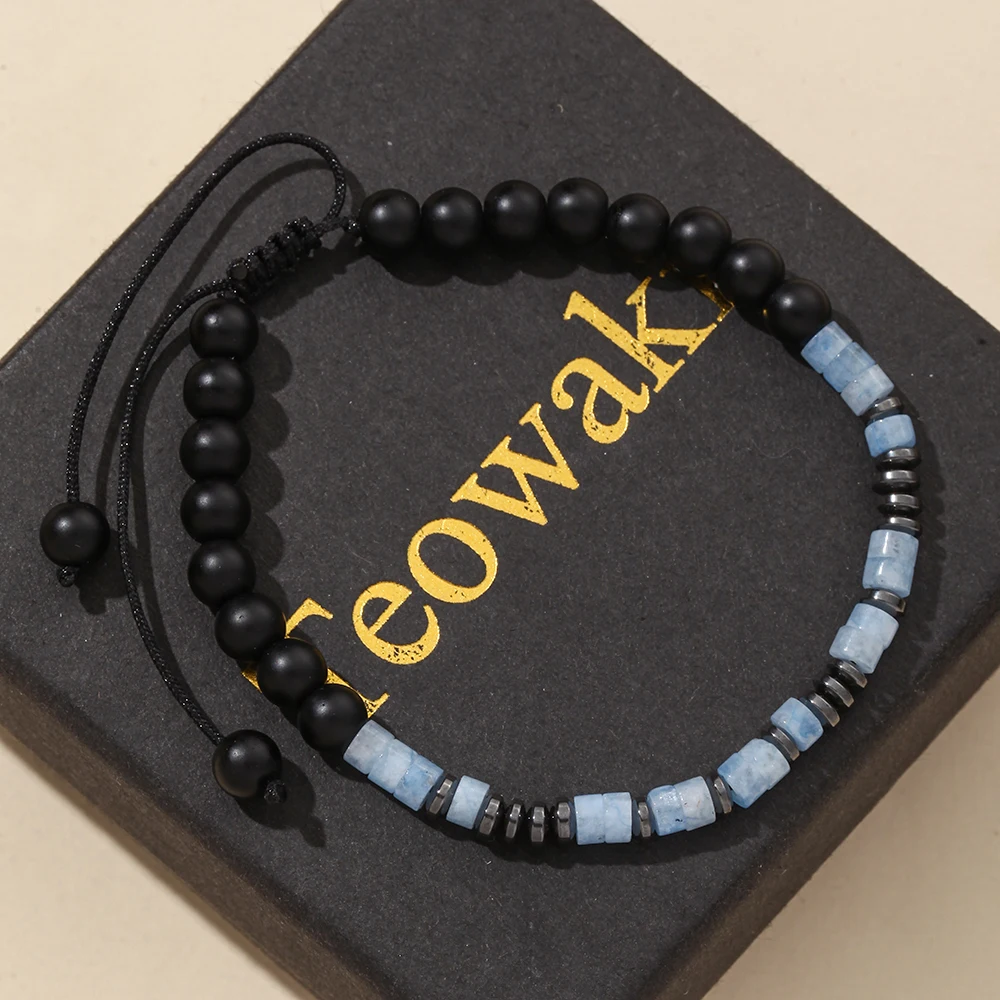 TeoWaki Natural Aquamarine Black Stone Bracelet Adjustable Length Hematite Spacers Holiday Best Gift For Colleagues Family17+5cm