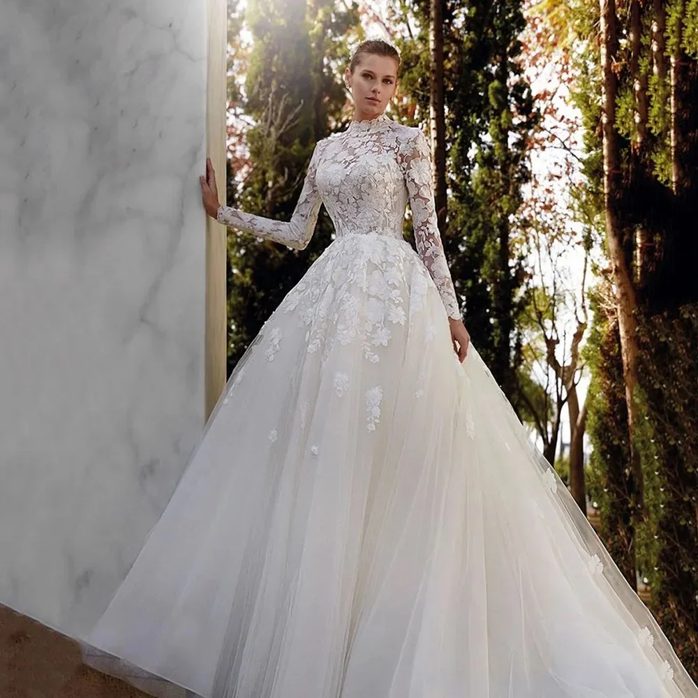 Luxus eine Linie Brautkleider High Neck Langarm Spitze Applikationen Brautkleid für Frauen Prinzessin Boho Braut