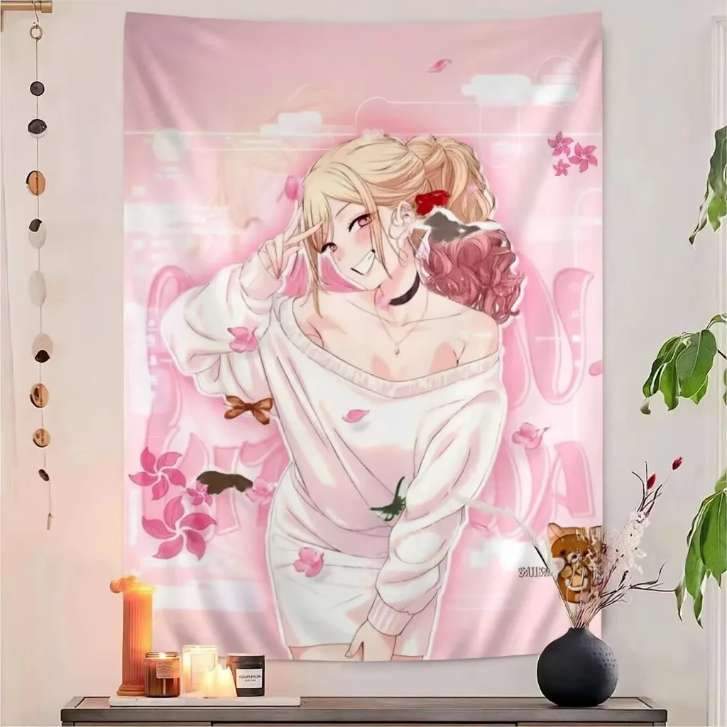 M-Marin Kitagawa Pink Pastel Tapestry, Gradient Hair Flower Print Y2K Kawaii Wall Hanging for Bedroom Dorm Room Aesthetic Decor