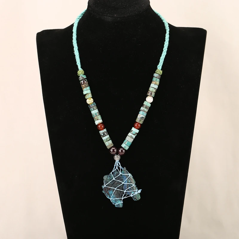 

Boho Statement Necklace Hand-Woven Natural Chrysocolla Horse Head Carved Gemstone Animal Pendant Adjustable 28-Inch Jewelry
