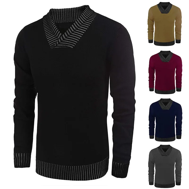 

2023 Autumn and Winter New Men's Knitted Fashion Versatile Underlay V-neck Long Sleeve Sweater