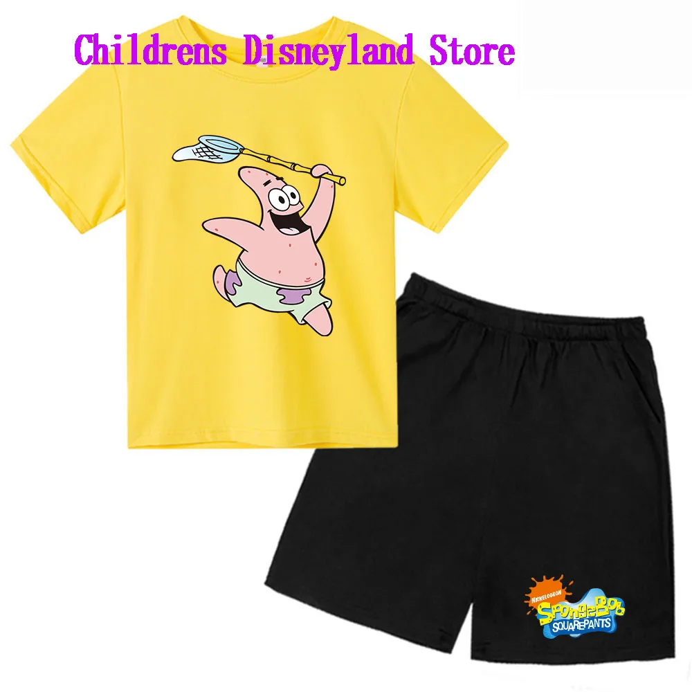 Spongebob Squarepants Spring And Autumn Children's Wear Boys And Girls T-shirt Set 2-piece Anime t shirt Sportswear Shorts boys