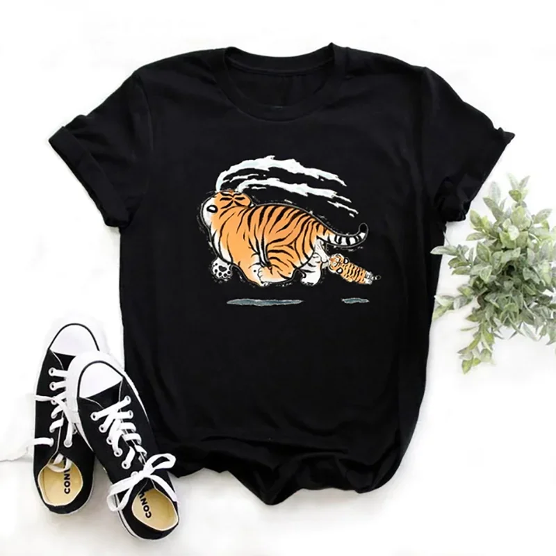 Summer New 90 ’s Fat tiger Heartbeat Short Sleeve Print Clothing Women's T-Shirt Harajuku Graphic Clothing Women's Top,Drop Ship