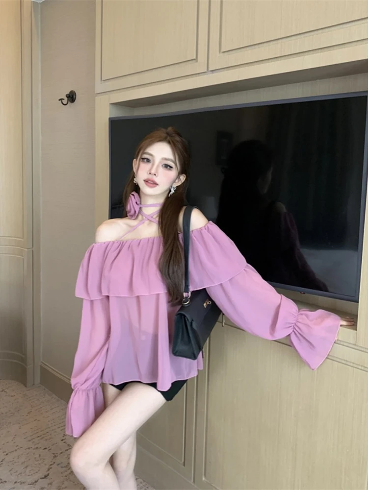 Blouse Women Rose Flowers Bandage Slash Neck Lantern Long Sleeve French Style Chic Loose Elegant Shirts Ladies Sexy Tops