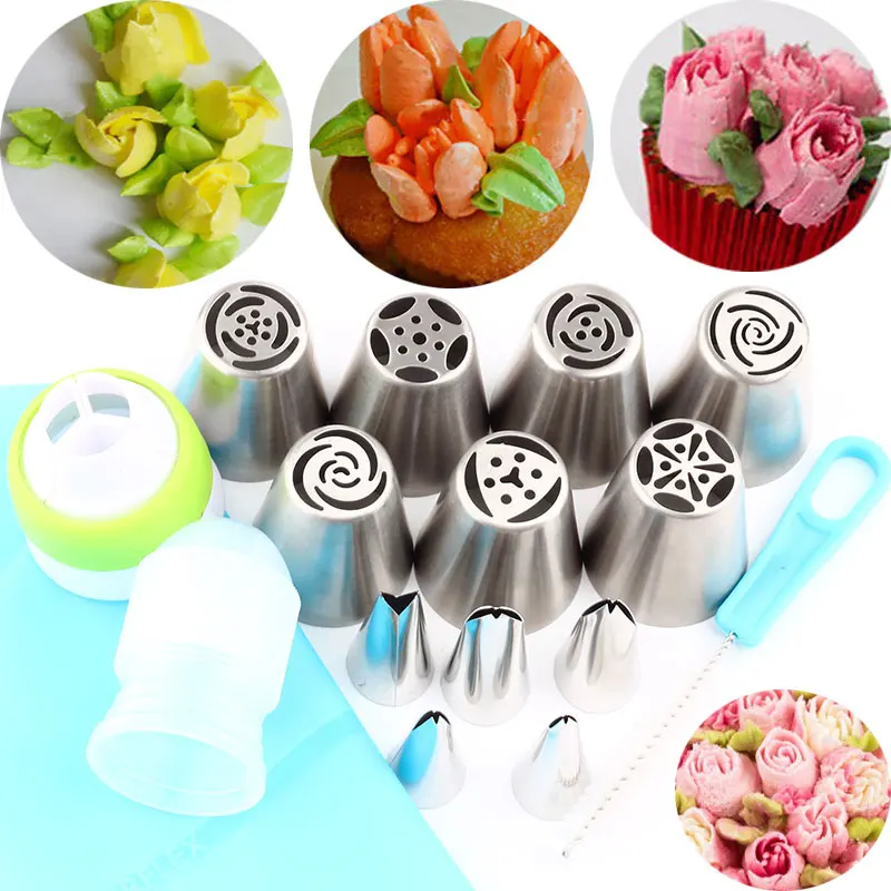 2 Coupler 1 Brush 1 Nozzles Bag Cake Decorating And 5 Pcs Leaves Piping Icing Nozzles+7 Pcs Tulip Pastry Russian Tips