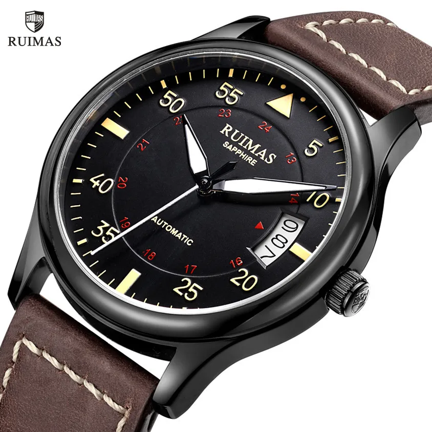 RUIMAS Men Watches Fashion Automatic Mechanical Watch Date Waterproof Business Clock Leather Strap Wristwatch Reloj Hombre 6725