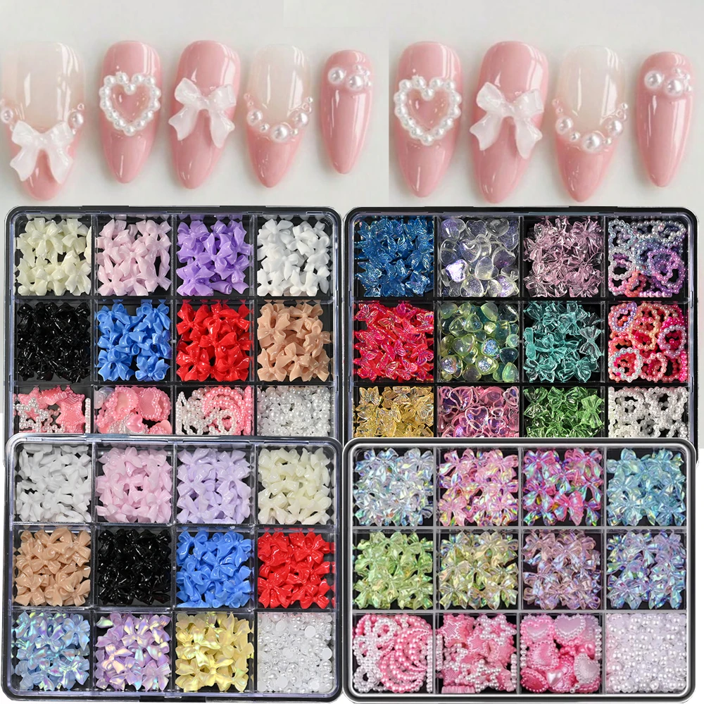 300pcs/12Grids 3D Resin Bow Tie Nail Art Charm Kit Aurora Bownot Flat Back Pearls Nail Art Rhinestones DIY Ladies' Nail Decor