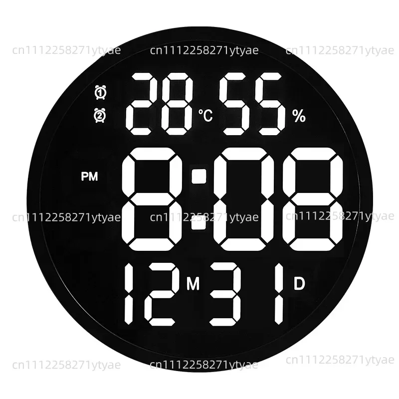 Suitable for 12-inch Modern LED Simple Wall Clock, Living Room Round Clock Silent Digital Temperature and Humidity Electronic