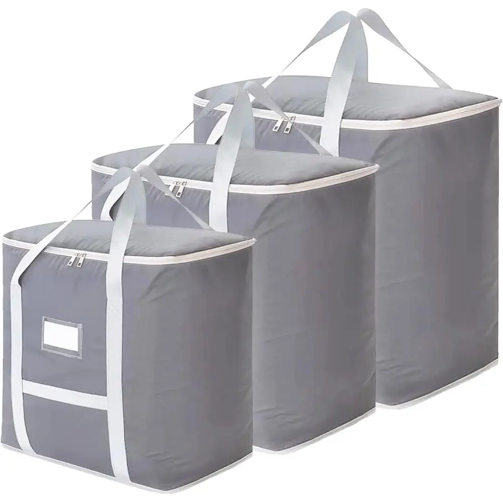 

Прочные большие сумки для хранения для перемещения и организации, серые с двойной молнией и усиленными ручками.