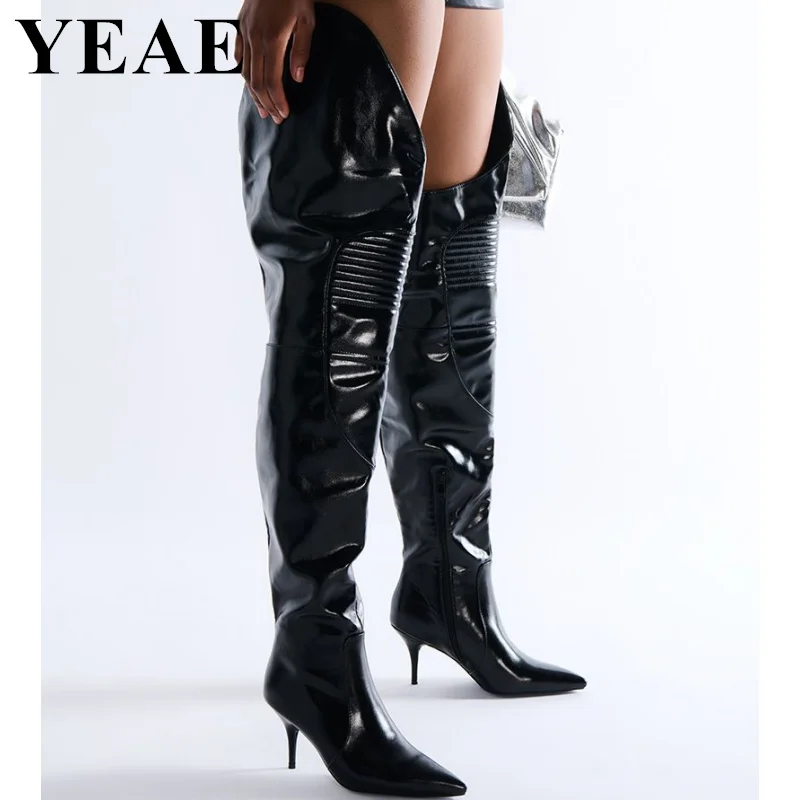 

New Fashion Black Women's Knight Boots Winter Autumn Pointed Toe Stiletto Thigh High Boots Ladies High Heels Over The Knee Boots