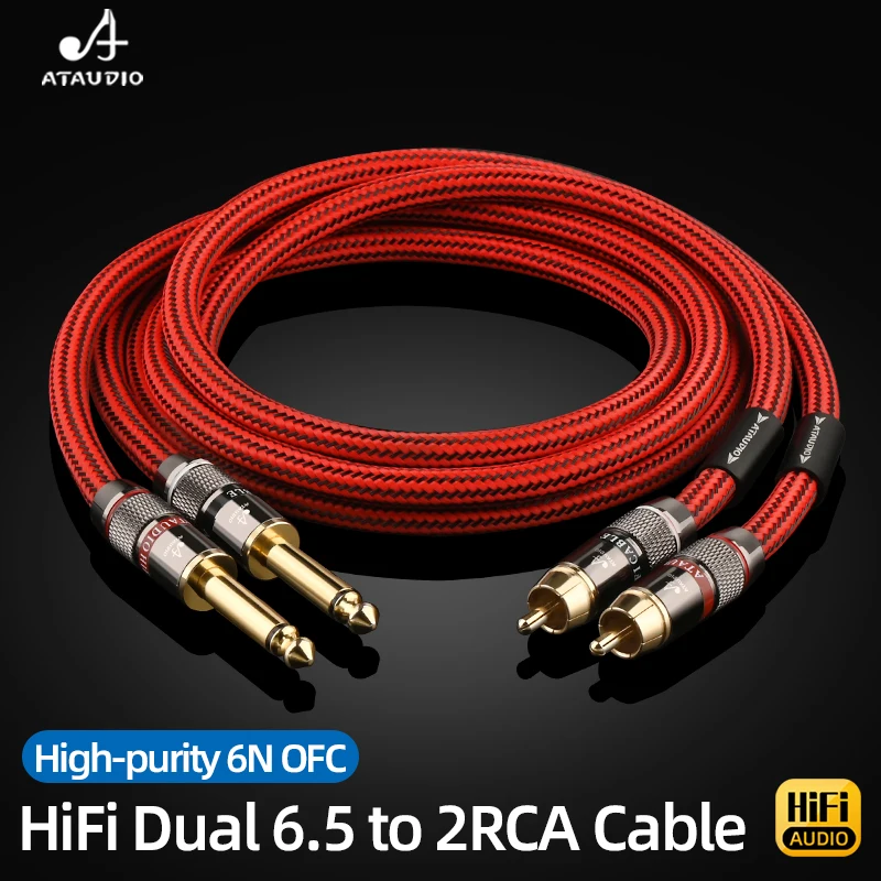 High Quality HiFi Dual 6.5 to 2RCA Cable 6N OFC 6.35mm TS to RCA Interconnect Audio Cable for Mixer Console Amplifier
