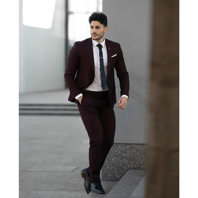 Burgundy Solid Color Men Suits Fashion Slim Fit 2 Piece single breasted Coat Pant Latest Design Wedding Costume Homme Outfit Suits AliExpress