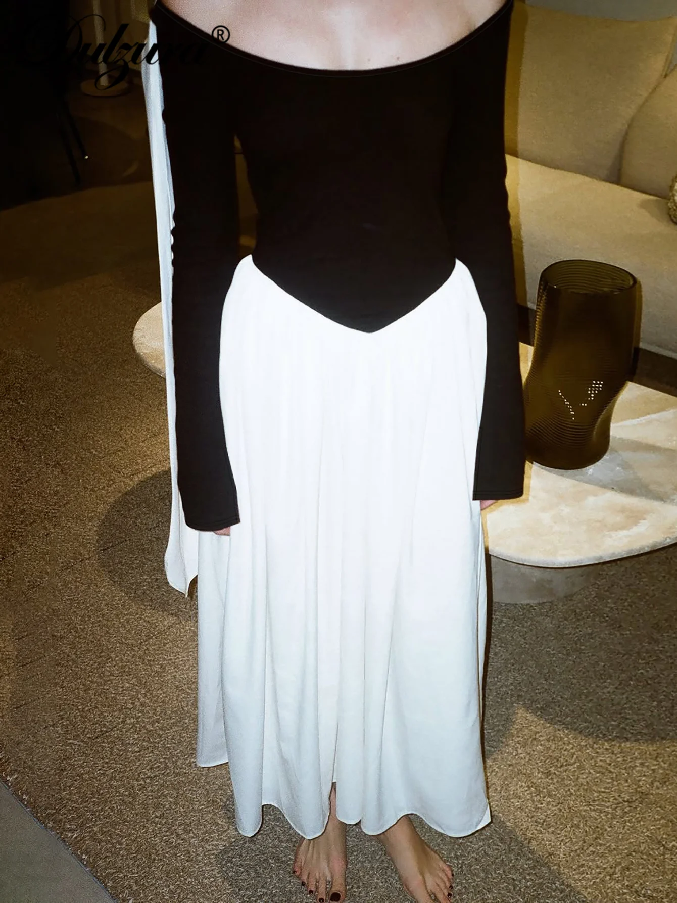 Dulzura 2025 가을 패션 우아한 O넥 긴 소매 슬림 리본 패치워크 플리츠 롱 드레스 이브닝 파티 클럽 프로모션 의류