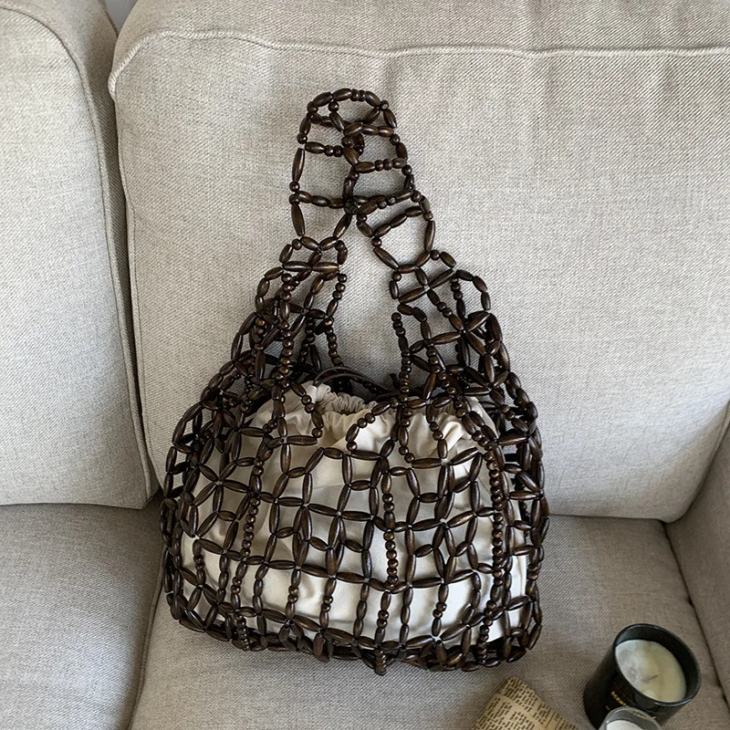 

Женская плетеная сумка-ведро с деревянными бусинами, ажурная, сетчатая, пляжная, на плечо