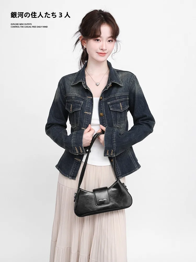 

Женская джинсовая куртка Slim Fit с длинными рукавами, винтажный стиль, весна-осень, Galaxy Residents, модная верхняя одежда для женщин