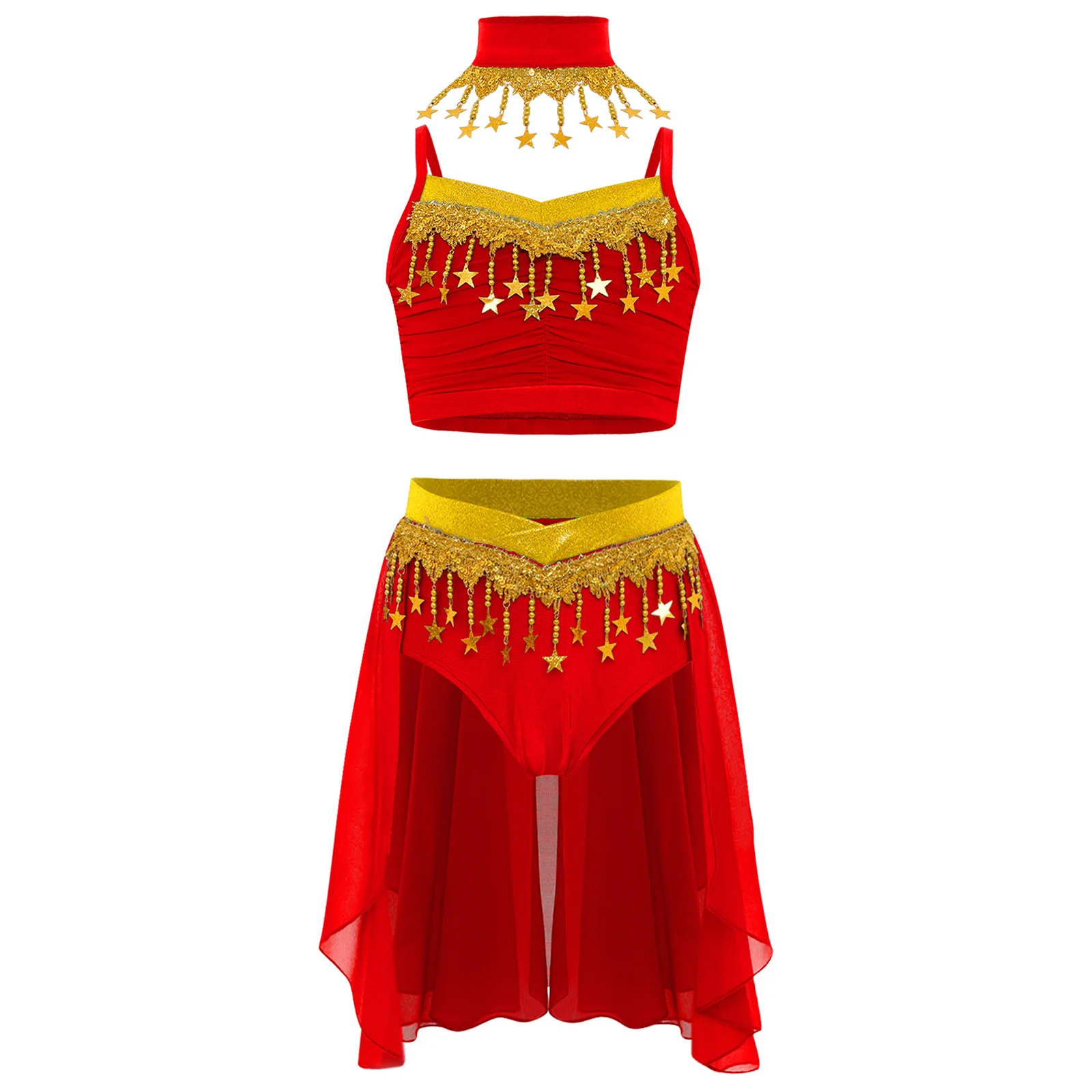 

Girls Belly Dance Outfit Halloween Cosplay Costume Belly Latin Jazz Dancewear Sequin Tassels Ruched Crop Top with Chiffon Skirt