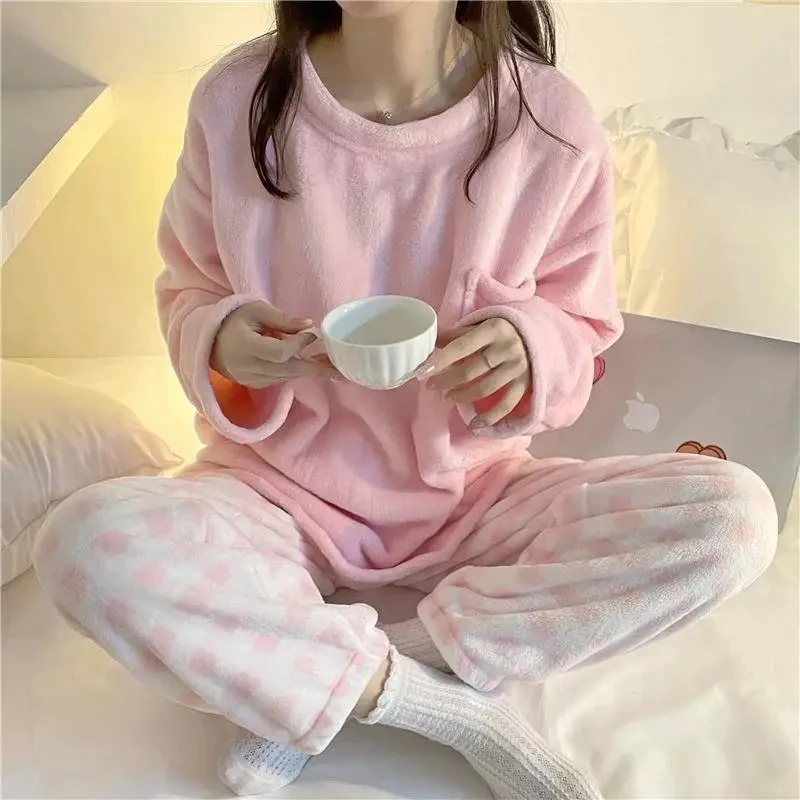 Flannel Sleepwear Pants Women's Winter Pajamas Set Fleece Casual Solid Top Thick Warm Sleepwear Pijamas Set for Women Home Suit