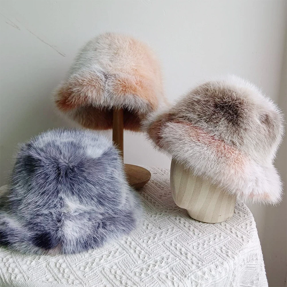 

New fluffy imitation leather tie-dyed fisherman hat women's winter hat plush earmuffs windproof warm gradient colorfisherman hat