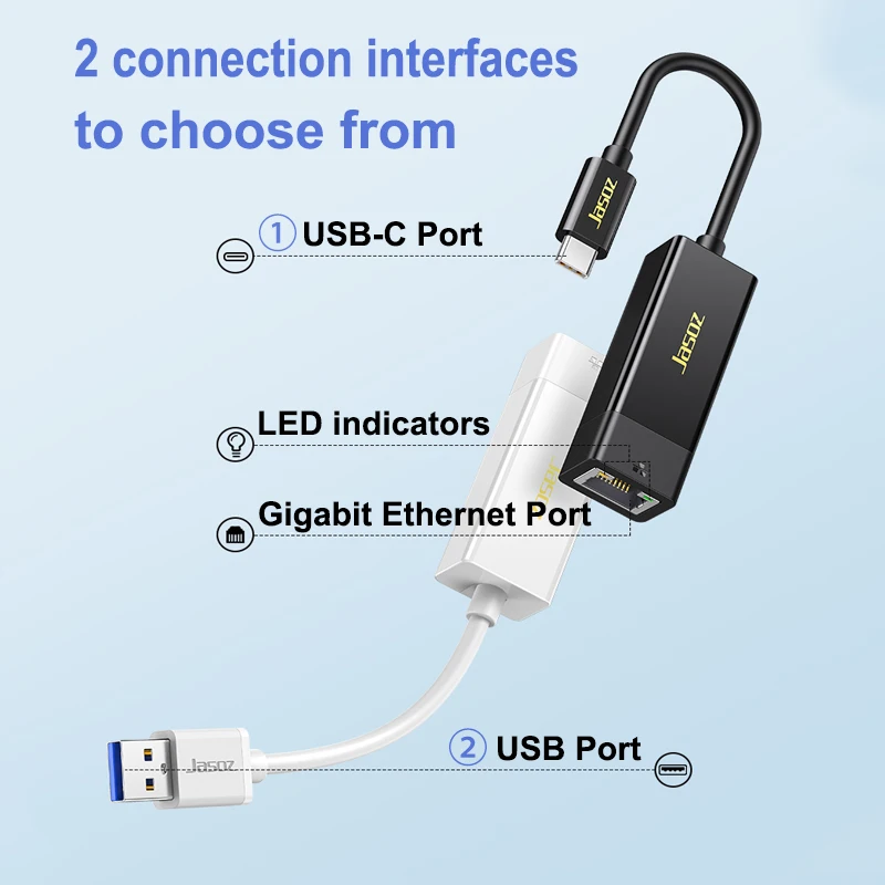 Jasoz USB A to Ethernet Adapter 1000mbps Type-C RJ45 Network Card for PC Macbook Windows 10 Xiaomi Mi Box Laptop Internet Lan