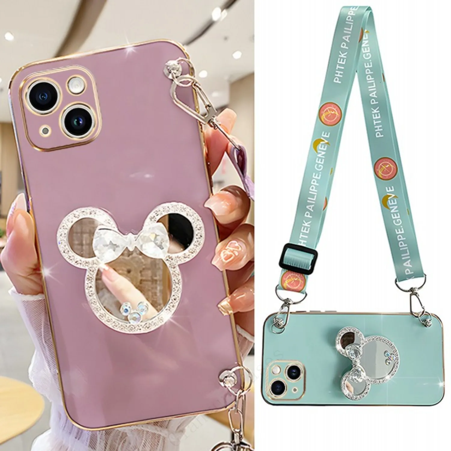 Bling Makeup Mirror Holder Bracelet Strap Lanyard Phone Case For iphone 15 14 12 Pro Max MiNi 11 13 X XS XR 7 8 Plus Plat Cover