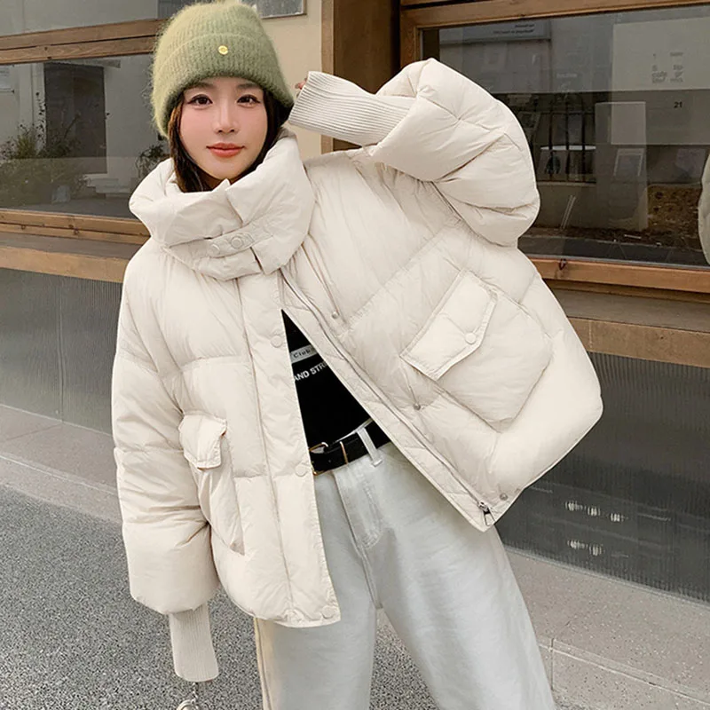 ニットスリーブ レディース ダウンジャケット 2025 冬 新作 スレッドスリーブ スタンドカラー 暖かい ホワイトダックダウン ショート丈 レディース ダウンジャケット H538