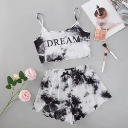 Women's Clothing Summer Two-Piece Set Of New Tie-Dye English Print Sexy Casual Camisole Undershirt Shorts Plus Size Homewear Set