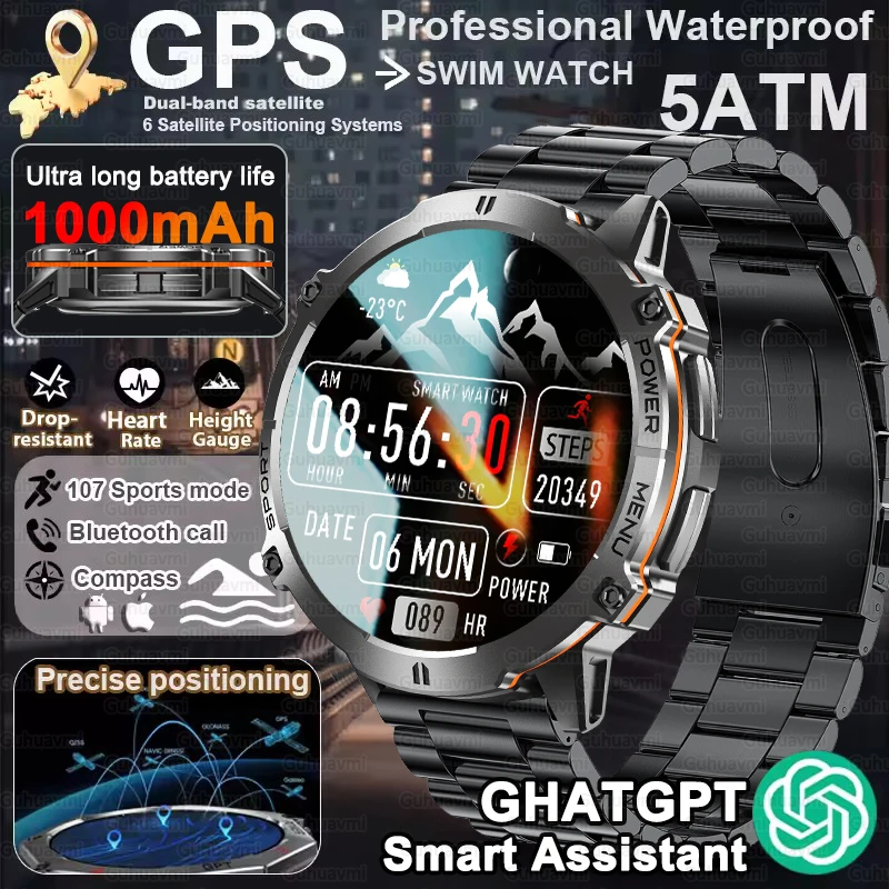 

New 1000MAH Super Endurance Smart Watch Men 1.73inch AMOLED Screen GPS Compass Bluetooth Call 10ATM Waterproof Sports Smartwatch