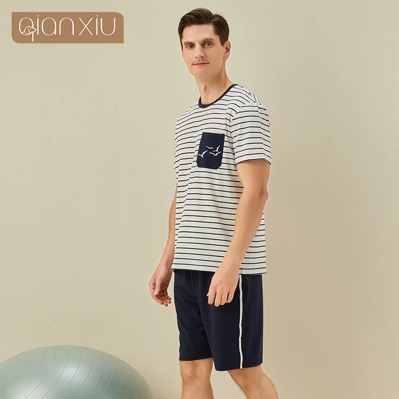 Pijamas a rayas para hombre, traje de Casa de algodón tejido a rayas, de estilo Simple, para verano