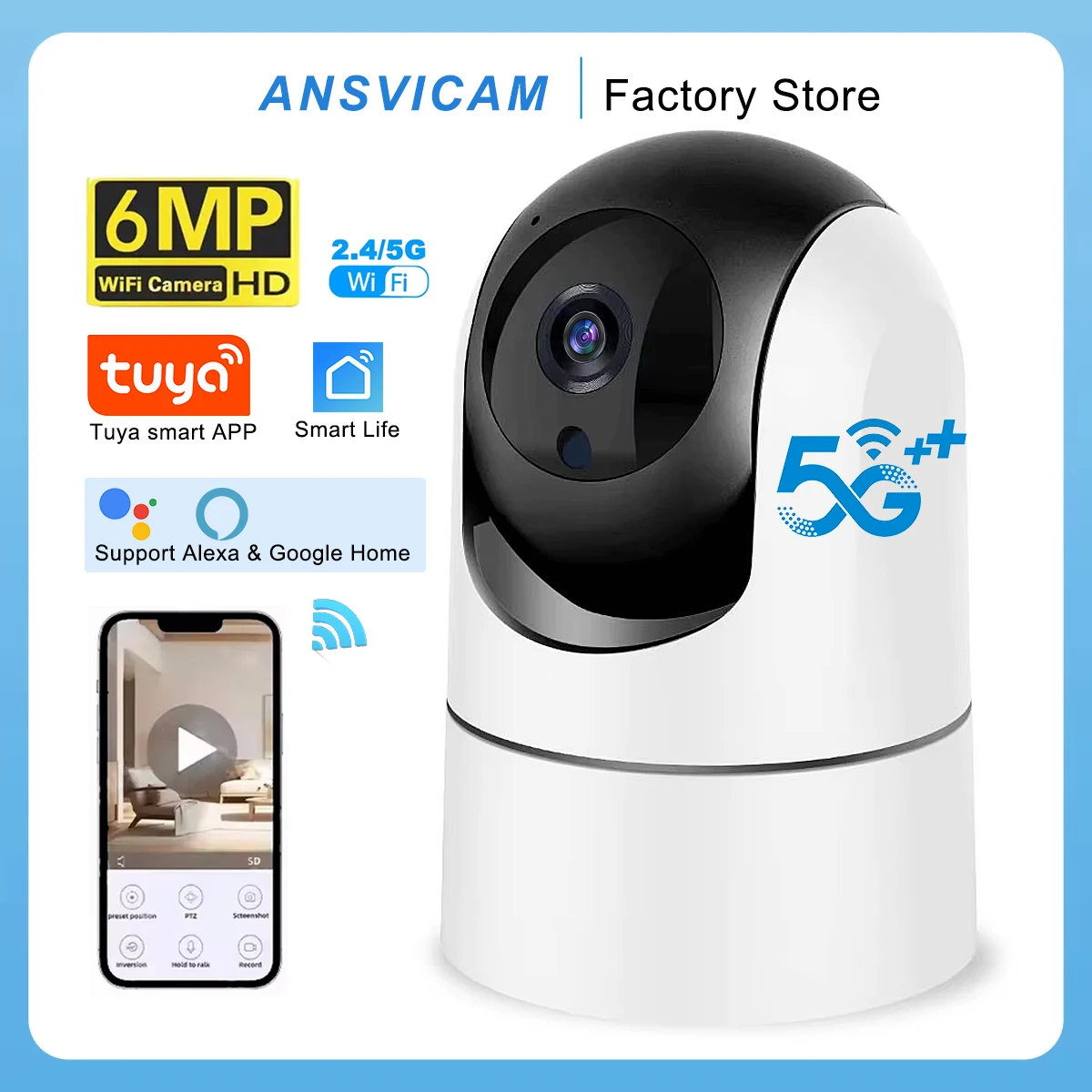 ANSVICAM Tuya 6MP HD 5G WiFi Indoor Security Camera 6x Zoom Baby Monitor Night Vision Auto Motion Detection 2-Way Audio Cameras