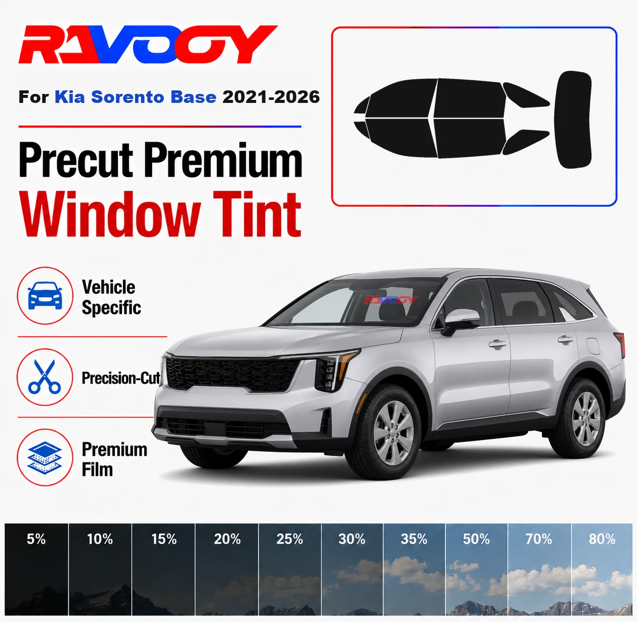 Premium Precut Window Tint Kit Front Rear Windows Rear Windshield For Kia Sorento Base 2021-2026 Complete Set Nano Ceramic Film