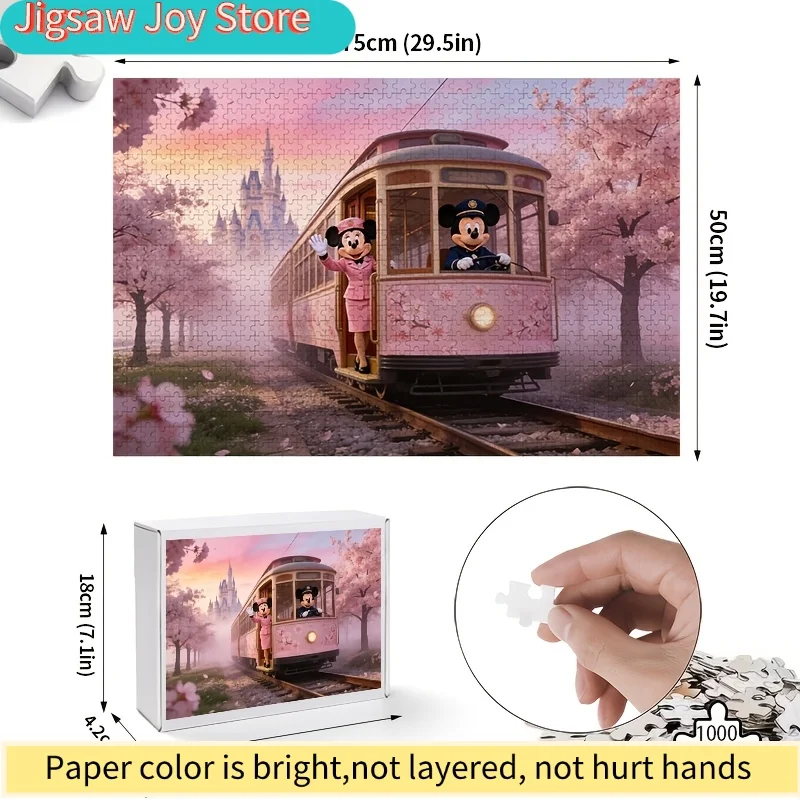 Rompecabezas 2D Plano de 1000 Piezas de Disney Mickey y el Tranvía de Flores de Cerezo - Construcción de Trenes del Castillo, Rompecabezas Temático Rosa para, Regalo de San Valentín